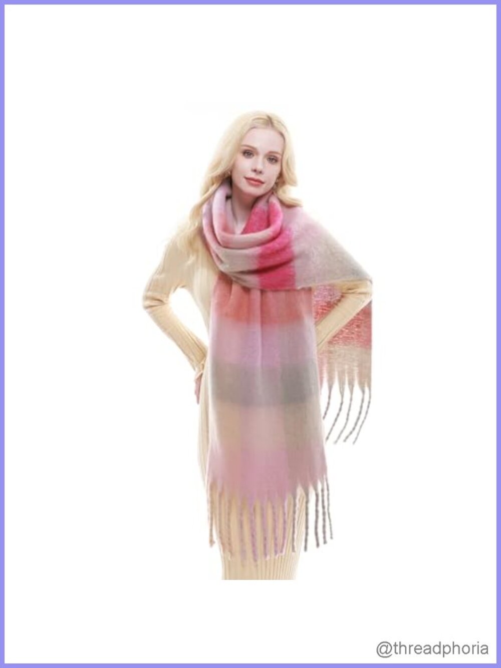 Chunky Plaid Winter Scarf Oversized Blanket Scarf with Fringes Soft Warm